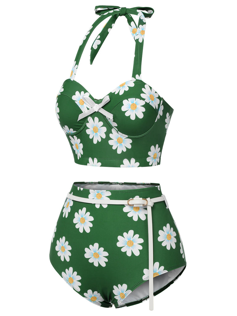 Maillot de bain dos nu marguerite vert des années 1930