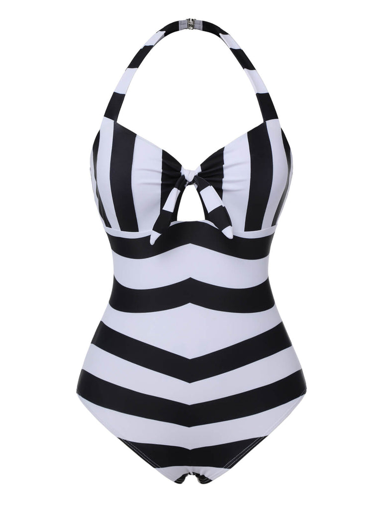 Maillot de bain dos nu à rayures noir et blanc des années 1950