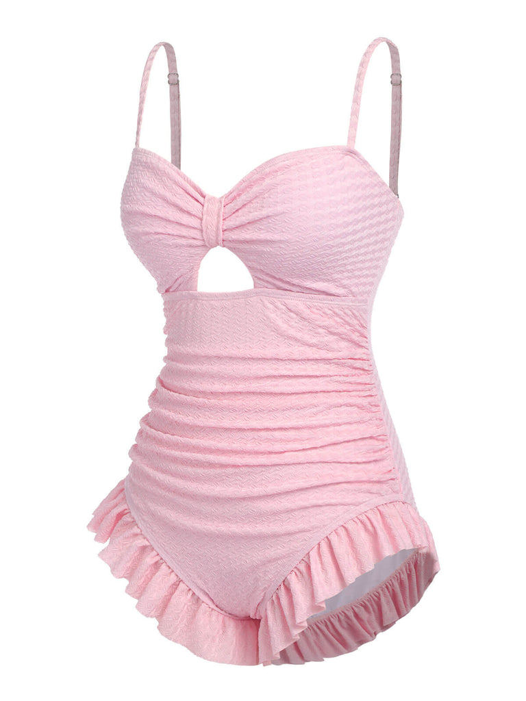 Maillot de bain froncé uni rose pâle des années 1950