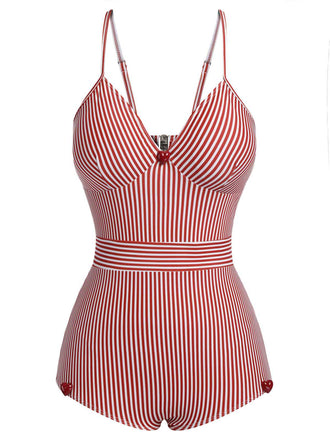 Maillot de bain rouge à rayures et bretelles spaghetti des années 1940