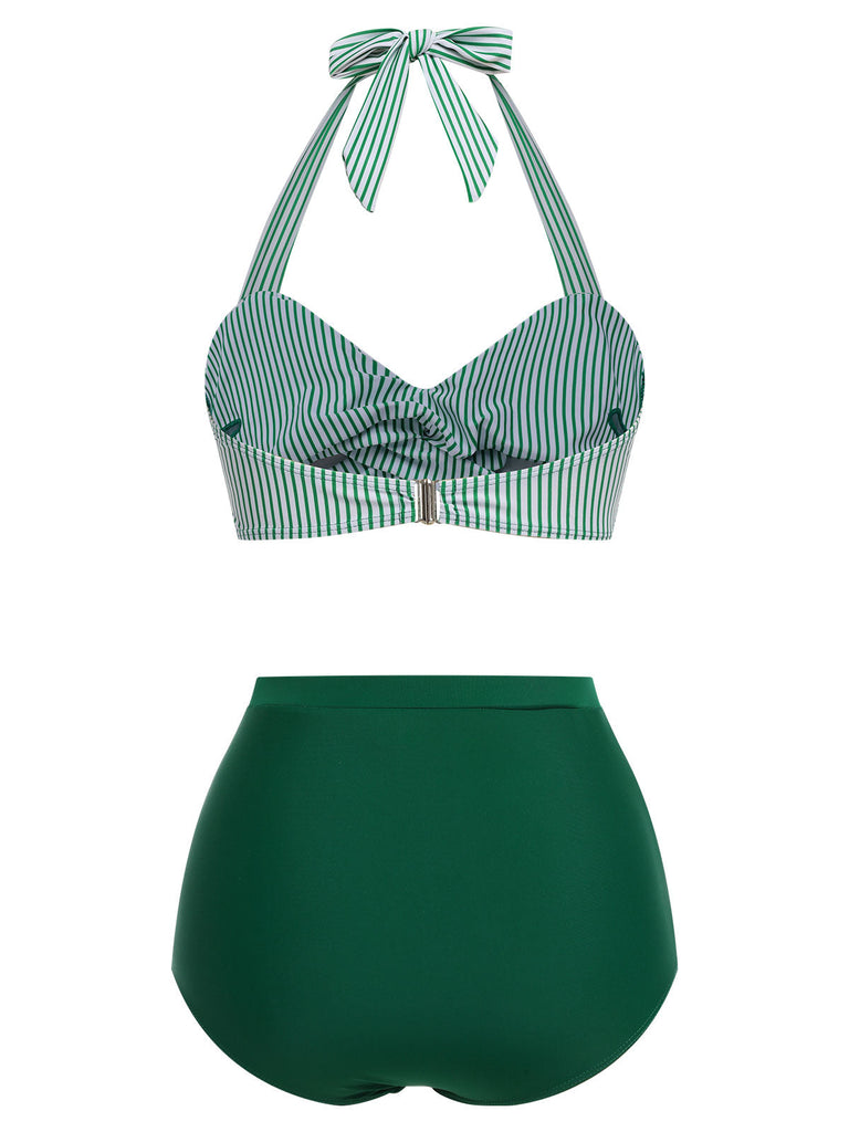 Ensemble de maillot de bain dos nu rayé vert des années 1940