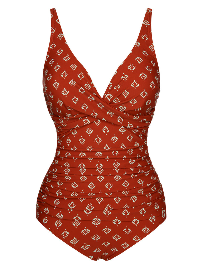 Maillot de bain à col en V et feuilles rouge brique des années 1940