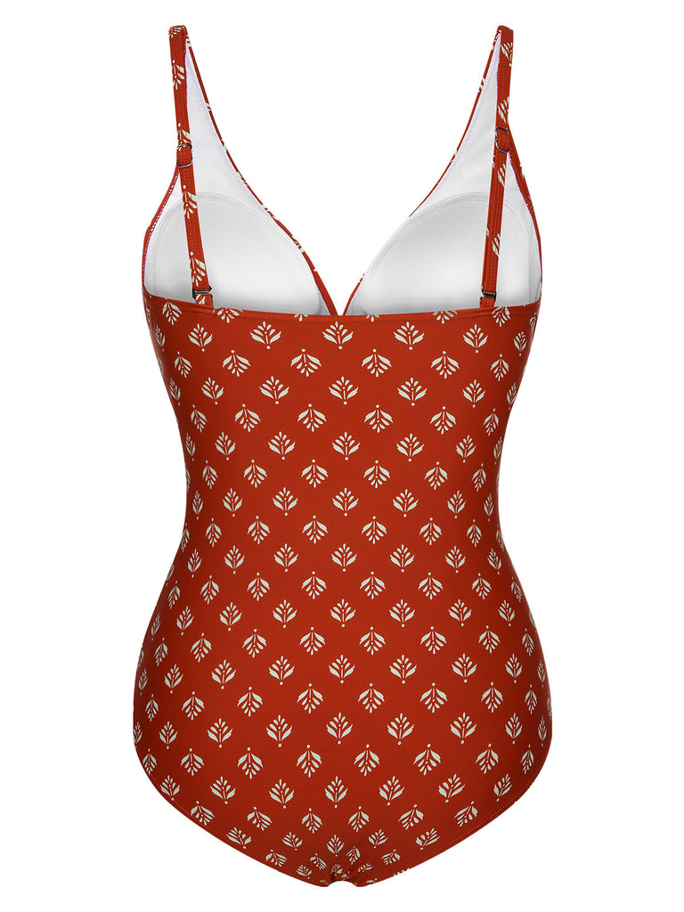 Maillot de bain à col en V et feuilles rouge brique des années 1940