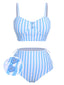 Maillot de bain bleu rayé avec bouton cœur des années 1950