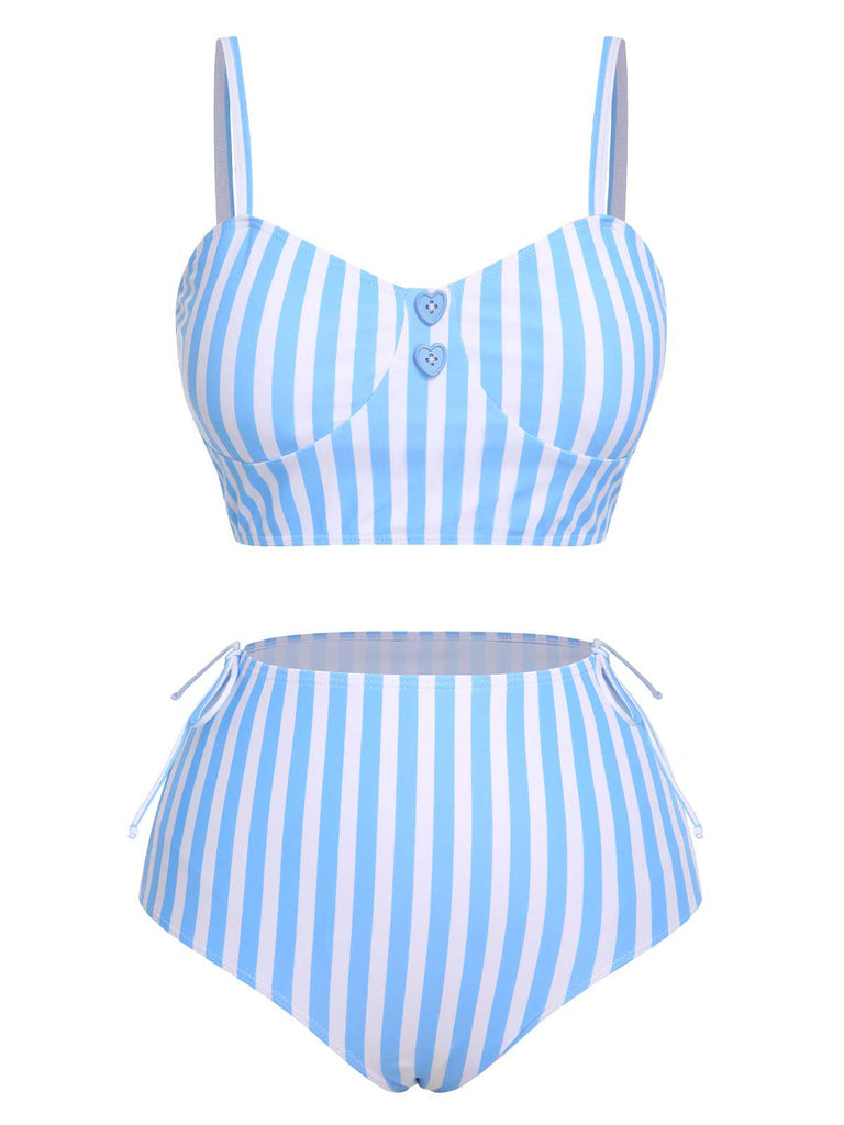 Maillot de bain bleu rayé avec bouton cœur des années 1950