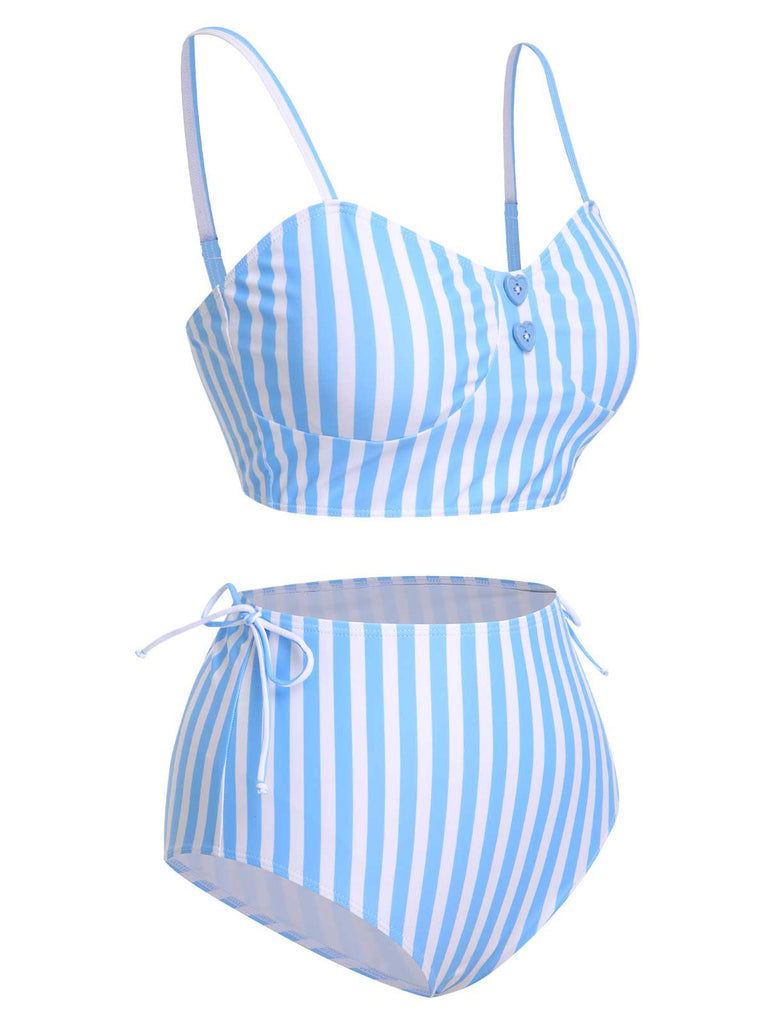 Maillot de bain bleu rayé avec bouton cœur des années 1950