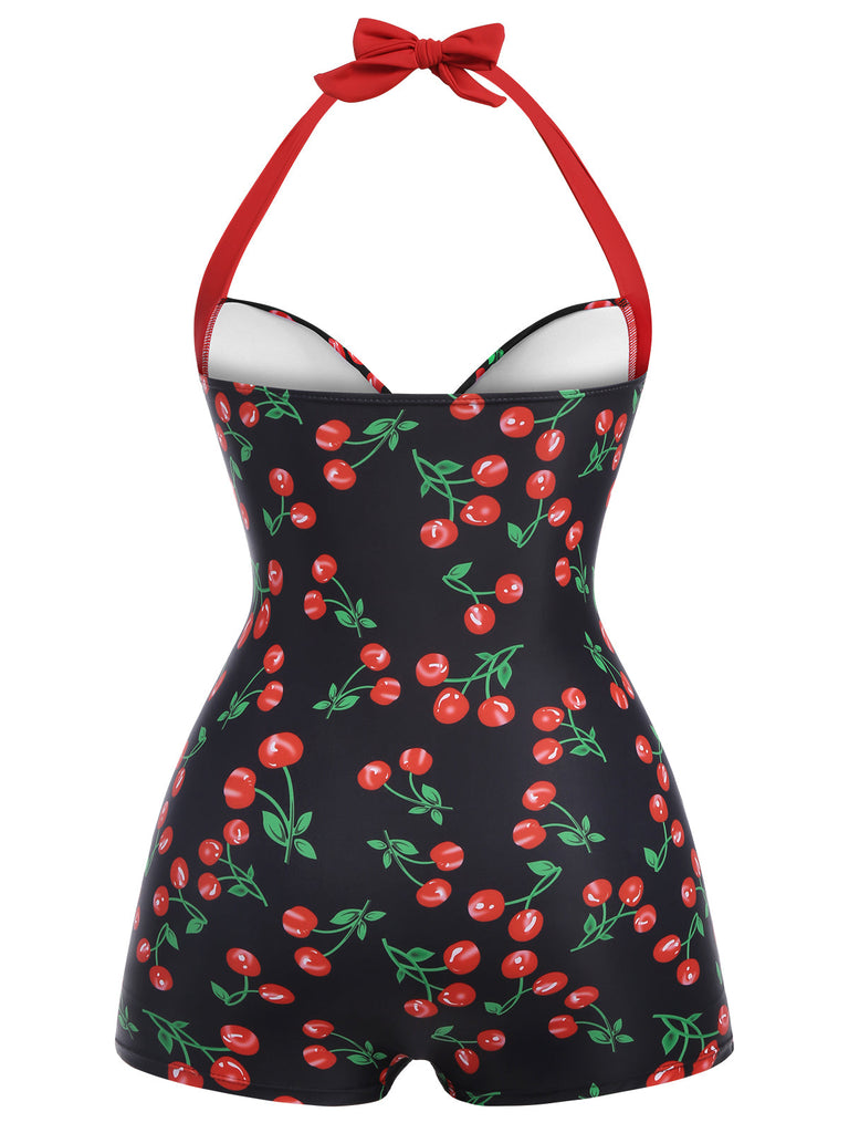 [Grande taille] Maillot de bain une pièce noir cerise des années 1960