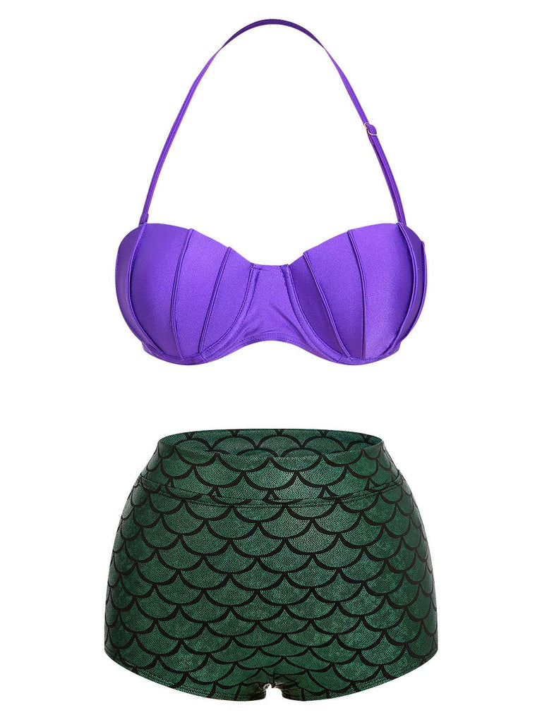 Maillot de bain sirène licou violet et vert des années 1950