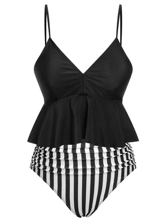 Maillot de bain à bretelles rayées noires et blanches des années 1950