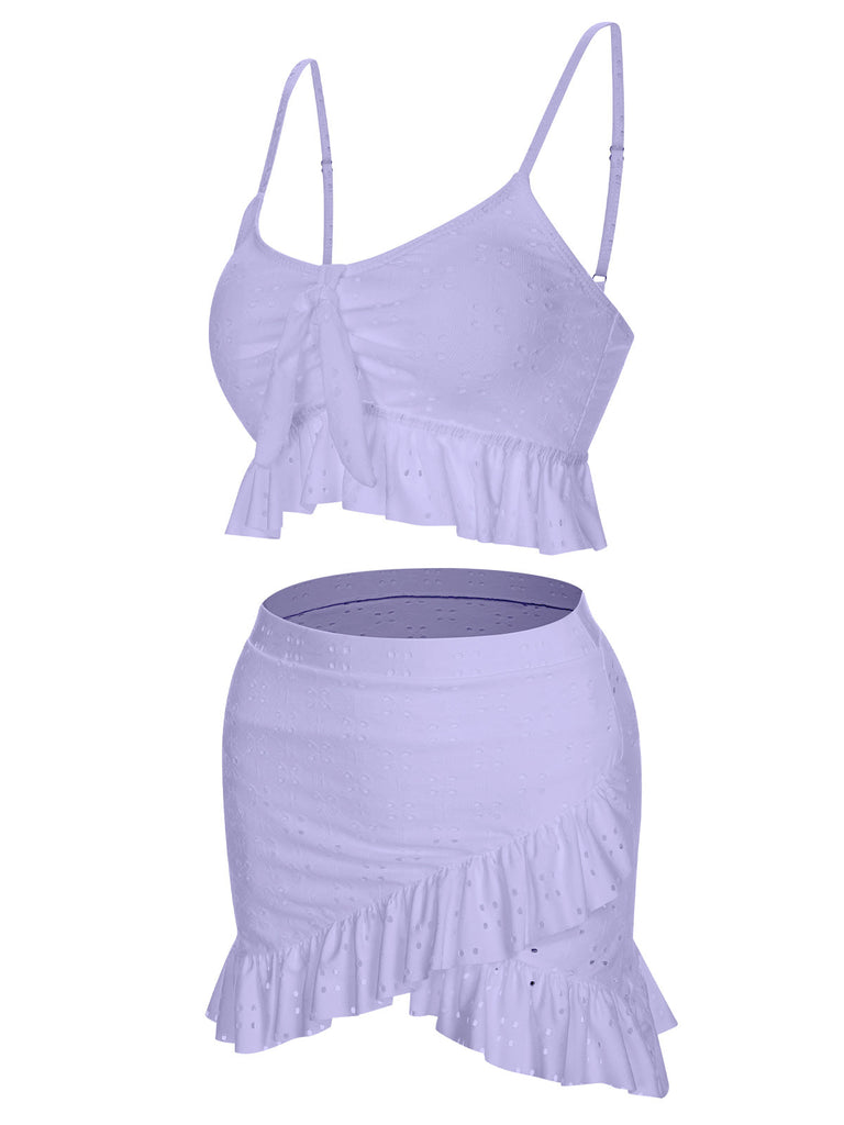 Maillot de bain et cache-maillot à volants unis et bretelles spaghetti des années 50