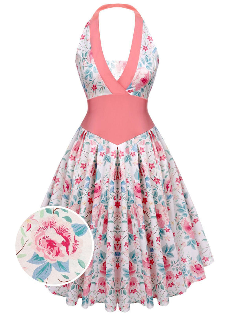 Robe Swing Vintage à Col V Années 50 Rose à Col Licou Décolleté