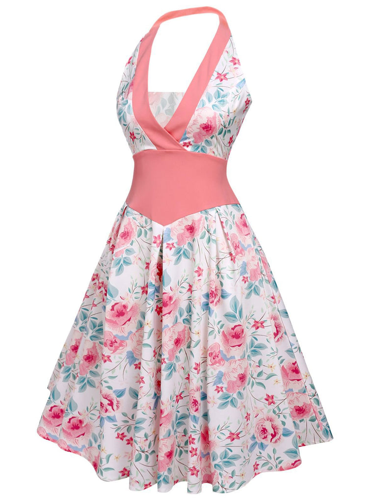 Robe Swing Vintage à Col V Années 50 Rose à Col Licou Décolleté