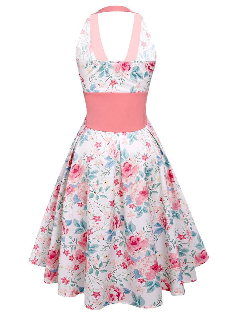 Robe Swing Vintage à Col V Années 50 Rose à Col Licou Décolleté