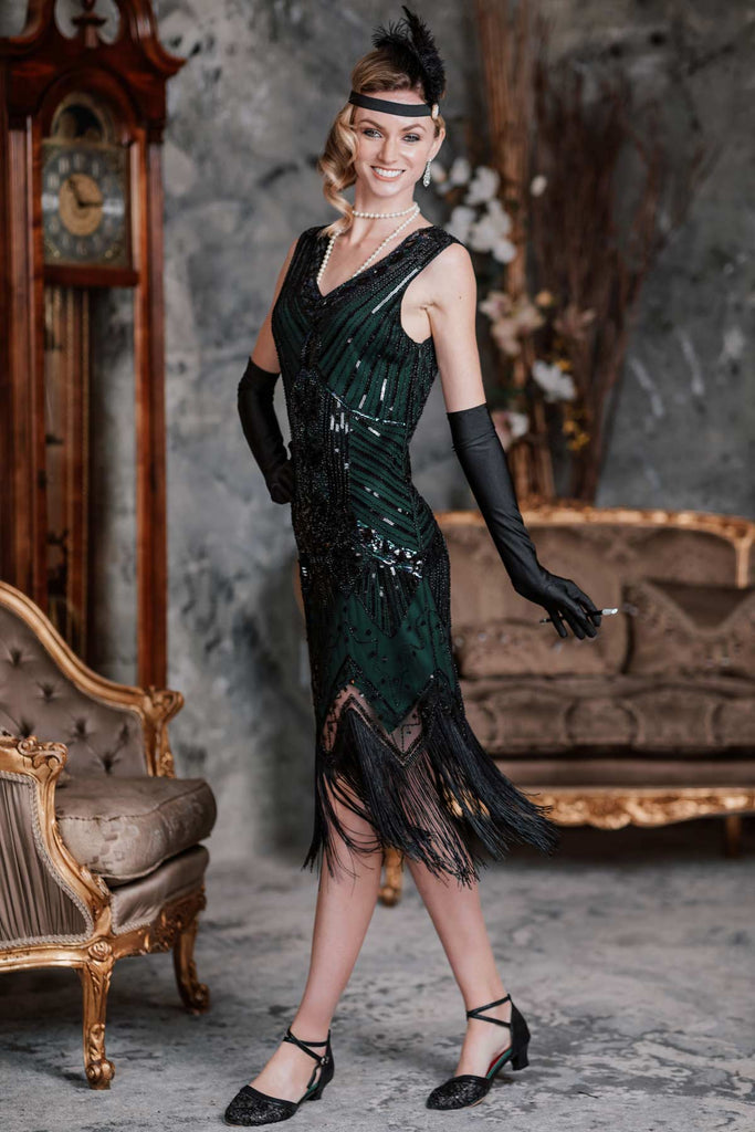 Robe Charleston Noir Cocktail Années 20 à Franges Paillettes Gatsby