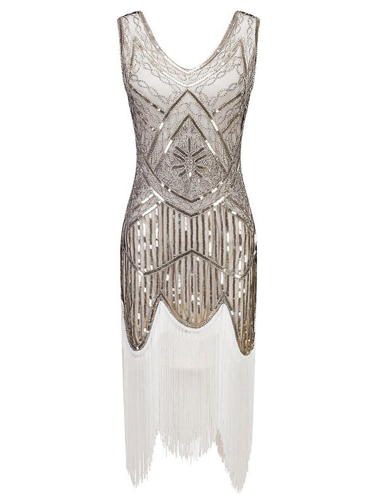 Robe Charleston Blanc Vintage Années 20 à Franges Paillettes Gatsby