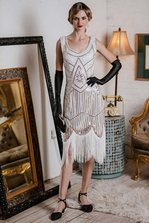 Robe Charleston Blanc Vintage Années 20 à Franges Paillettes Gatsby