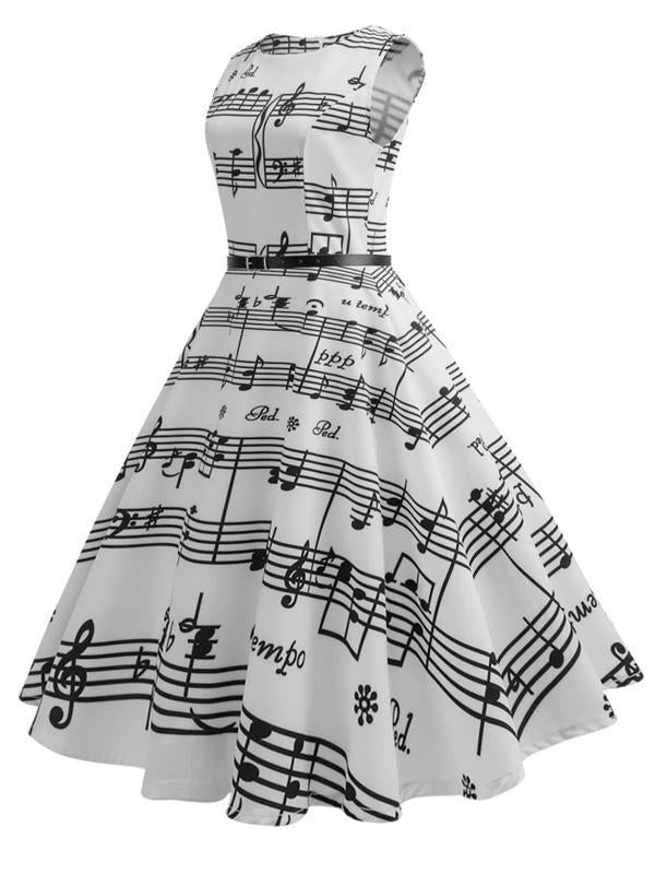 Robe Swing Vintage Année 50 Blanche avec Note Musicale Cocktail Pin Up