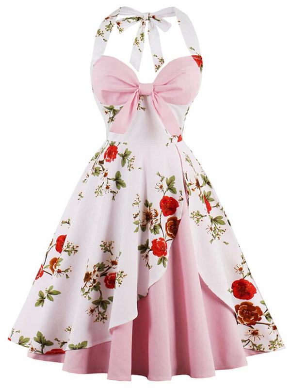 Robe Balançoire Année 50 Florale Rose à Licou