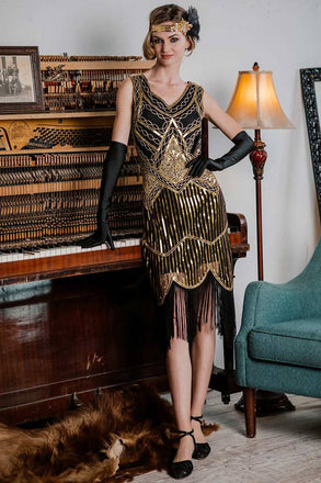 Robe Charleston Vintage Années 20 Gatsby à Paillettes Dorée Cocktail