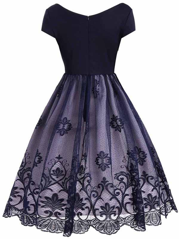 Robe Vintage Année 50 Fleur Patchwork Décolleté Soirée Cocktail Pin Up